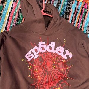Brown Hoodie with Red Spider Web Design